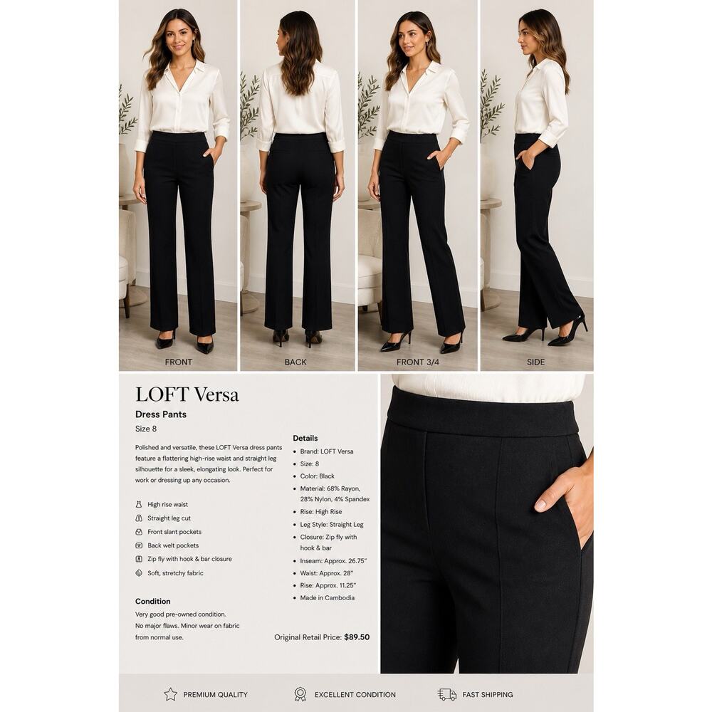 LOFT Versa Black Dress Pants Size 8 High Rise Straight Leg Stretch Work Career